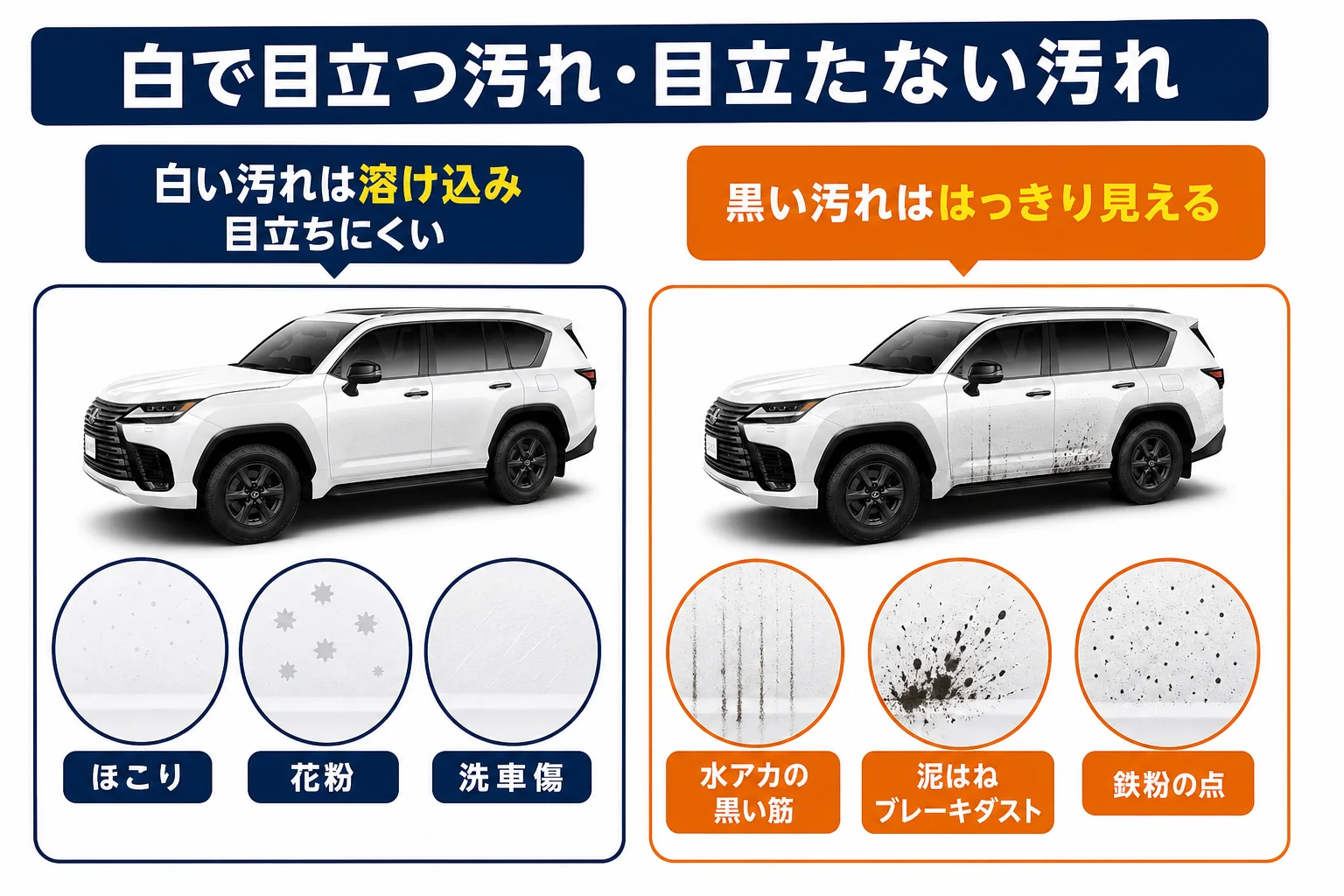 白のLXで目立つ汚れと目立たない汚れの比較図解