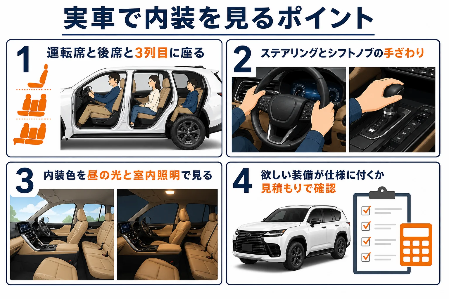 レクサスLXの内装を実車で確かめる時のポイントをまとめた図解