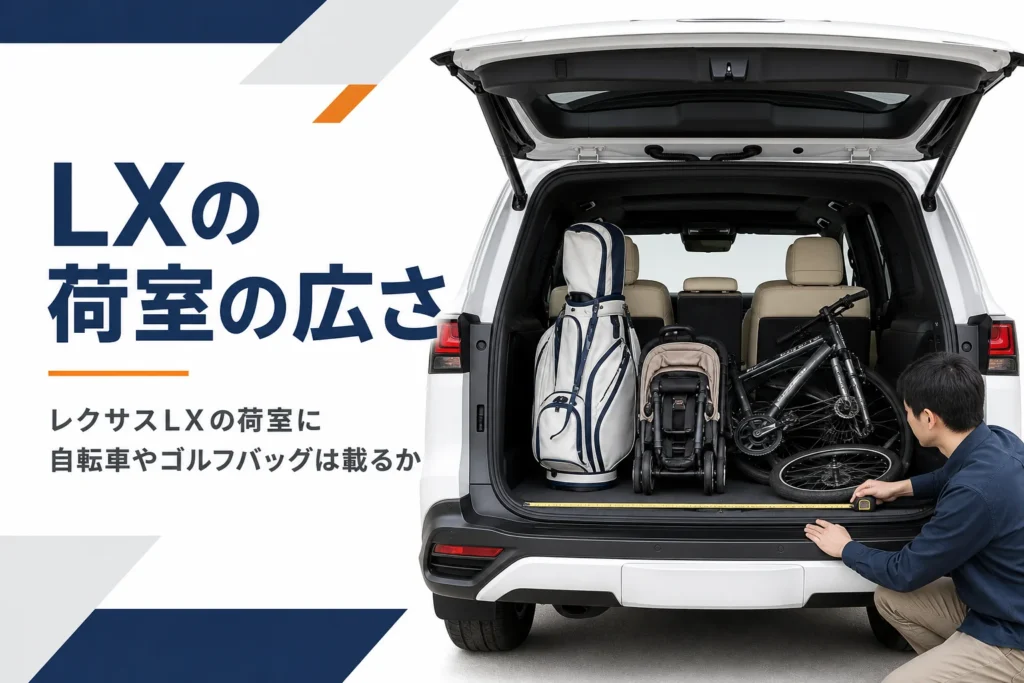 リヤゲートを開けた大型SUVの荷室とゴルフバッグ・ベビーカー・自転車を並べたアイキャッチ