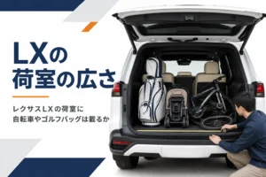 リヤゲートを開けた大型SUVの荷室とゴルフバッグ・ベビーカー・自転車を並べたアイキャッチ