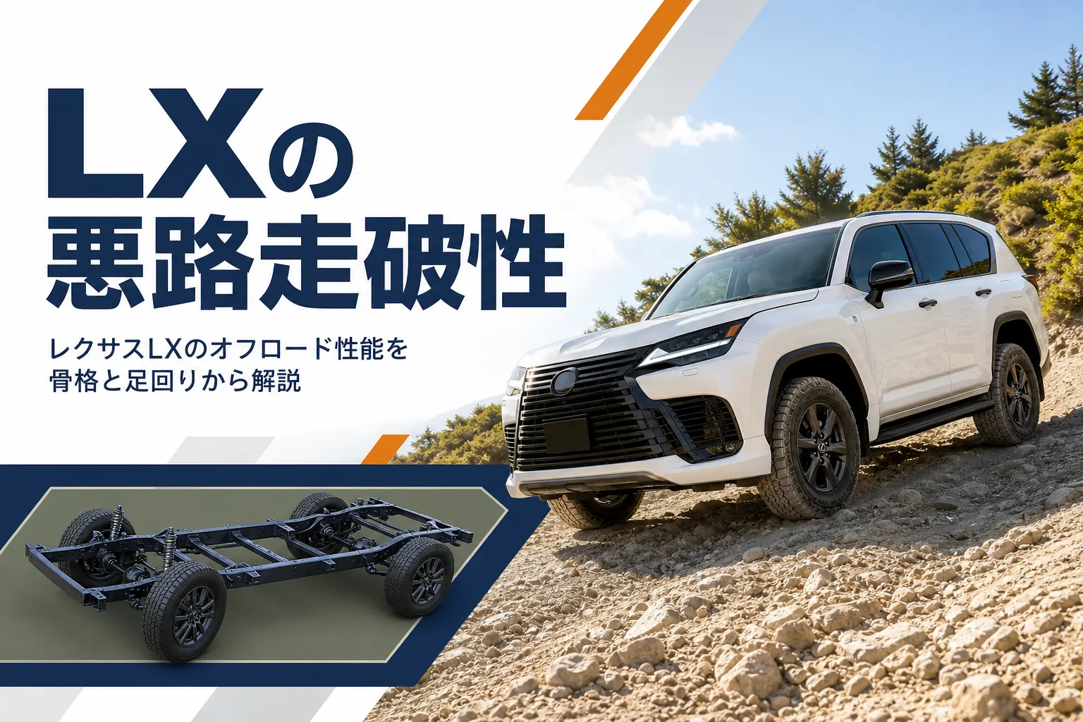 林道を走る大型SUVと車体下のはしご状フレームを描いたアイキャッチ