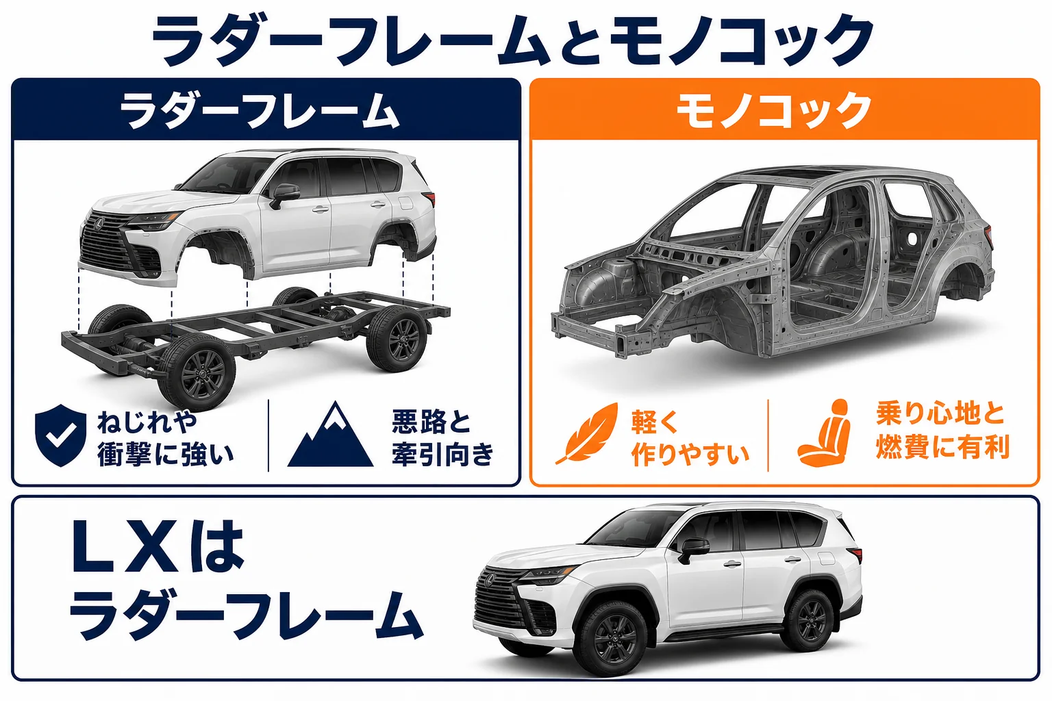 ラダーフレームとモノコックの作りの違いを示した図解