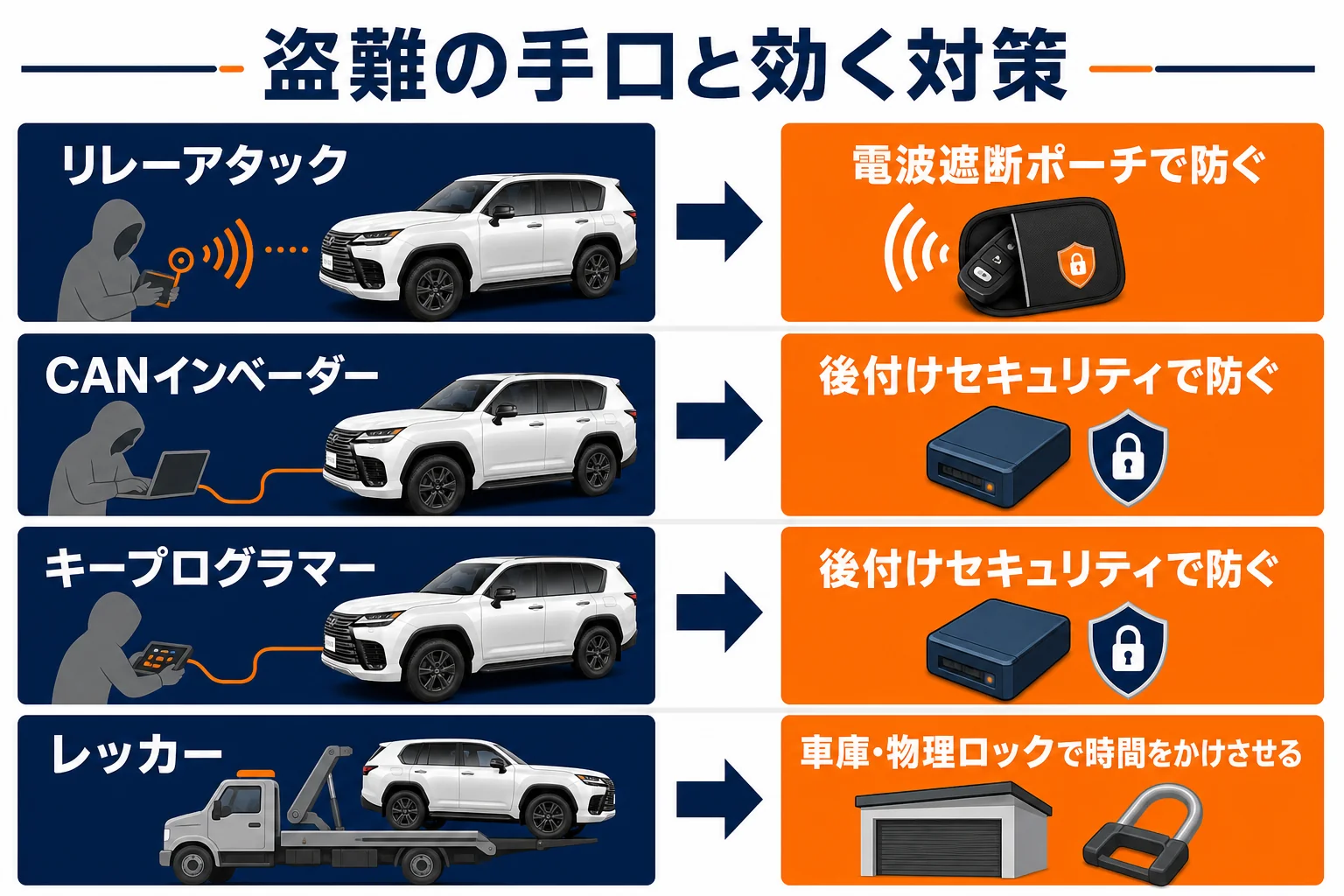 LXが狙われる主な盗難の手口と効く対策の組み合わせをまとめた図解
