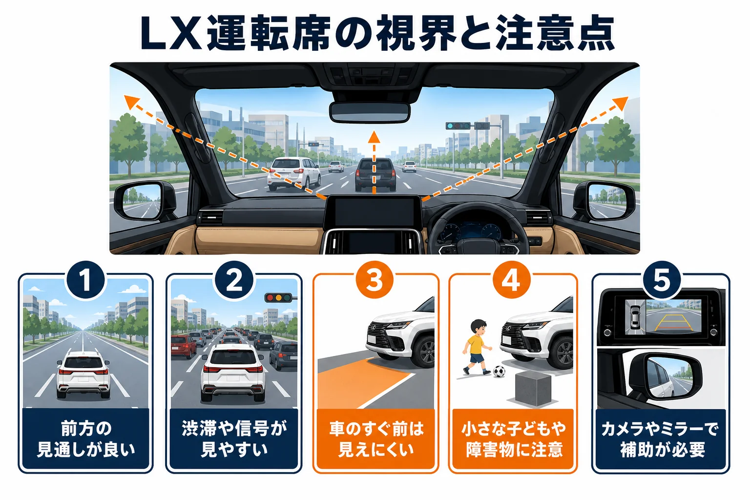 レクサスLXの運転席からの視界の特徴と注意点をまとめた図解